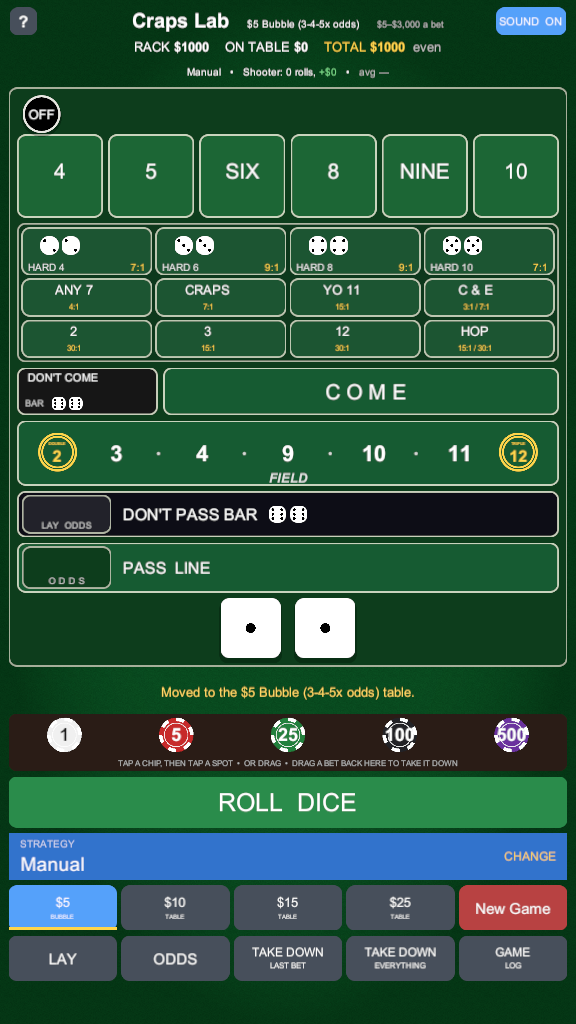 The Craps Lab table with the puck OFF and no bets placed, showing the number boxes, hardways, proposition bets, come and field areas, the don't pass and pass line bars, the chip rail and the control rows.