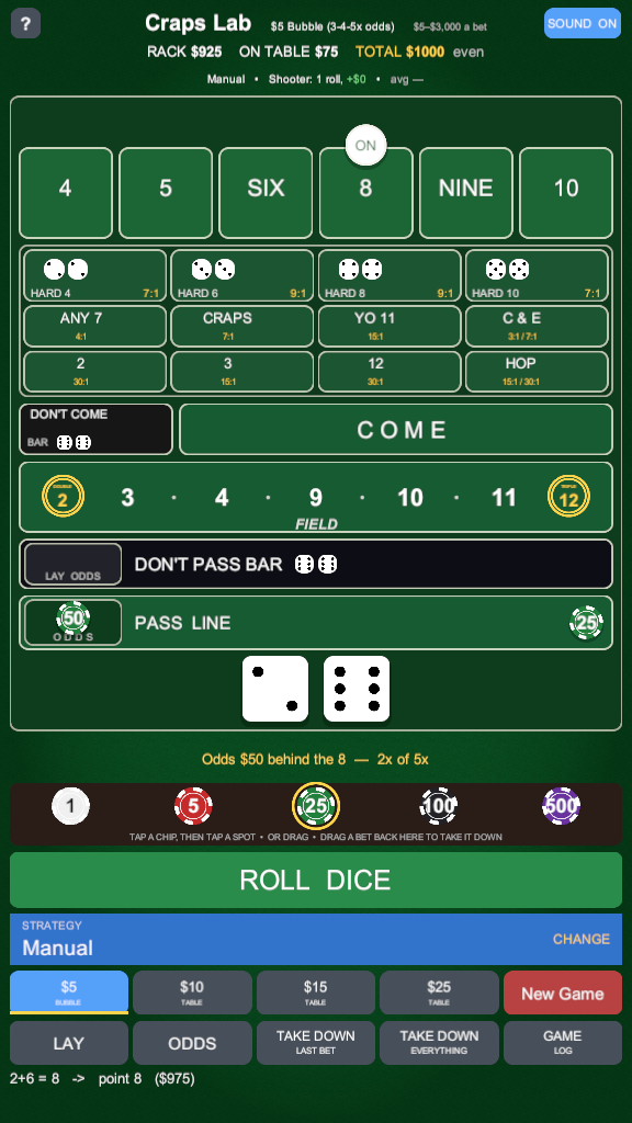 Chips in the odds box behind the pass line bet, backing the point.