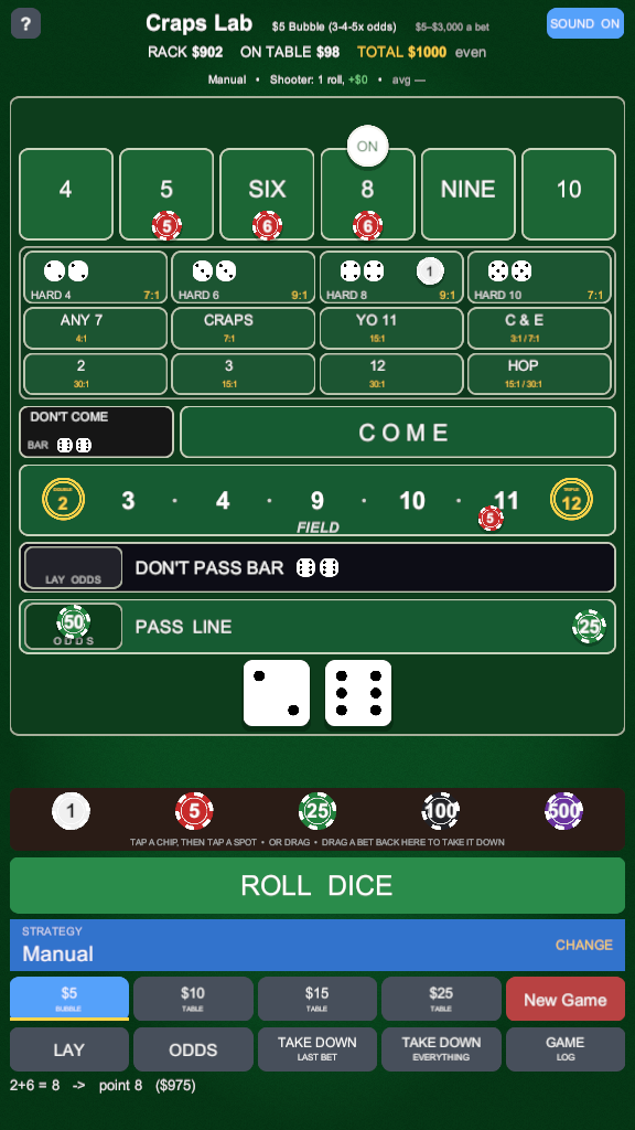 A table in full play: place bets on the 5, 6 and 8, a hard 8, a field bet, and the pass line backed with odds.