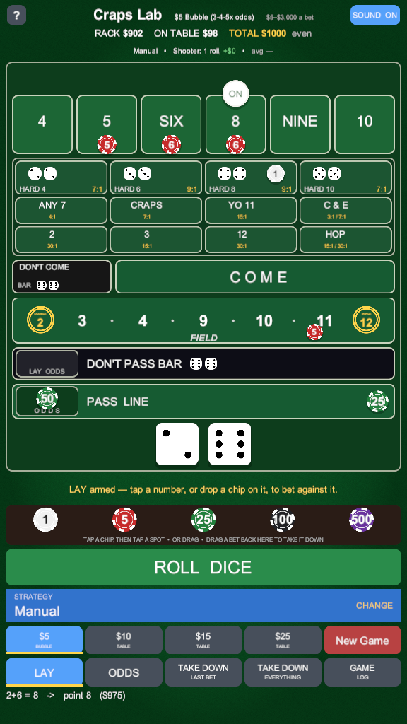 The LAY button lit and a message reading: LAY armed — tap a number, or drop a chip on it, to bet against it.