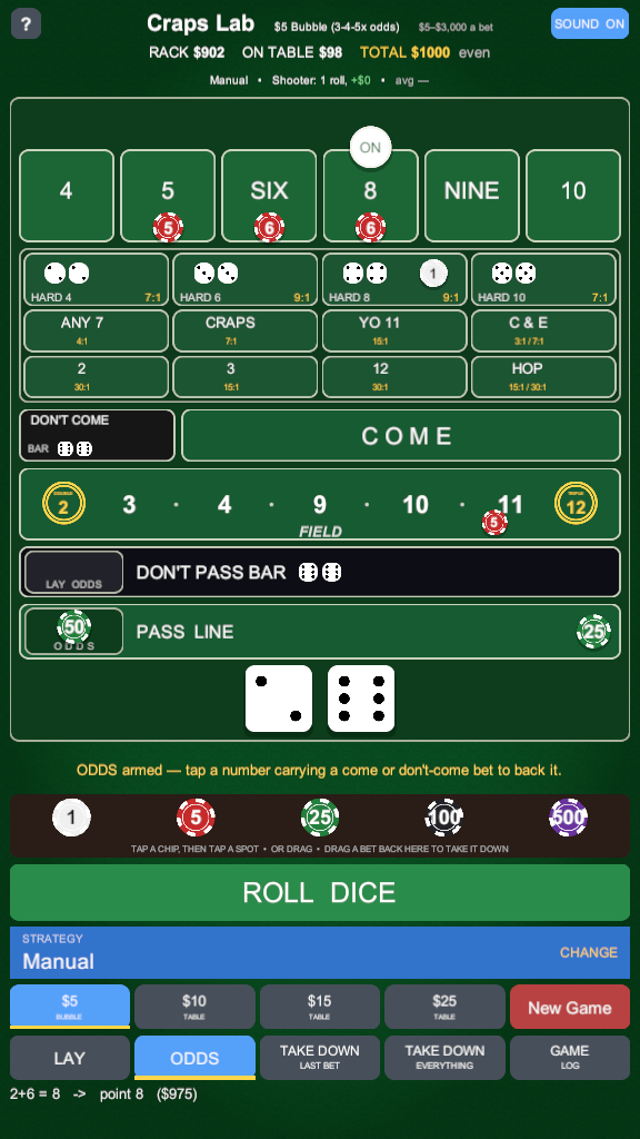 The ODDS button lit and a message reading: ODDS armed — tap a number carrying a come or don't-come bet to back it.