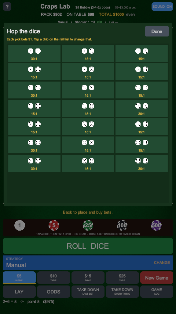 The hop bet picker showing every two-dice combination as its own button.