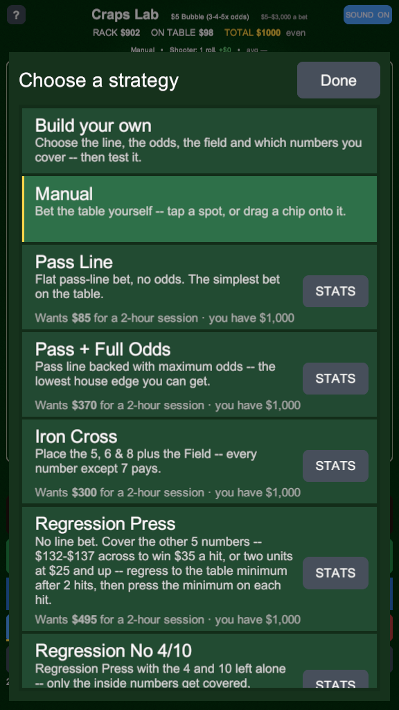 The strategy chooser listing systems with descriptions and a STATS button on each row.