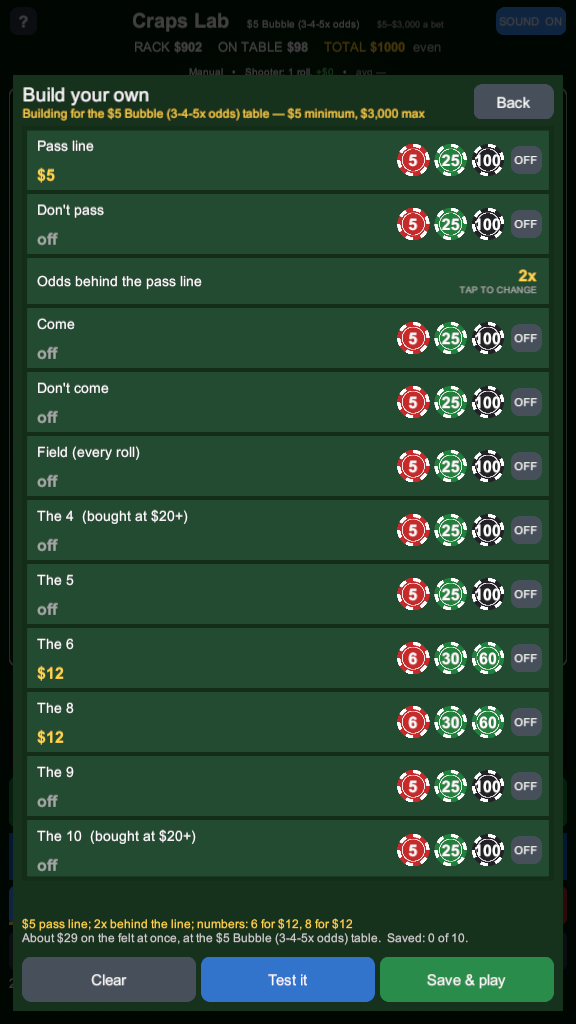 The build-your-own screen with rows for the pass line, odds, come bets and each box number.