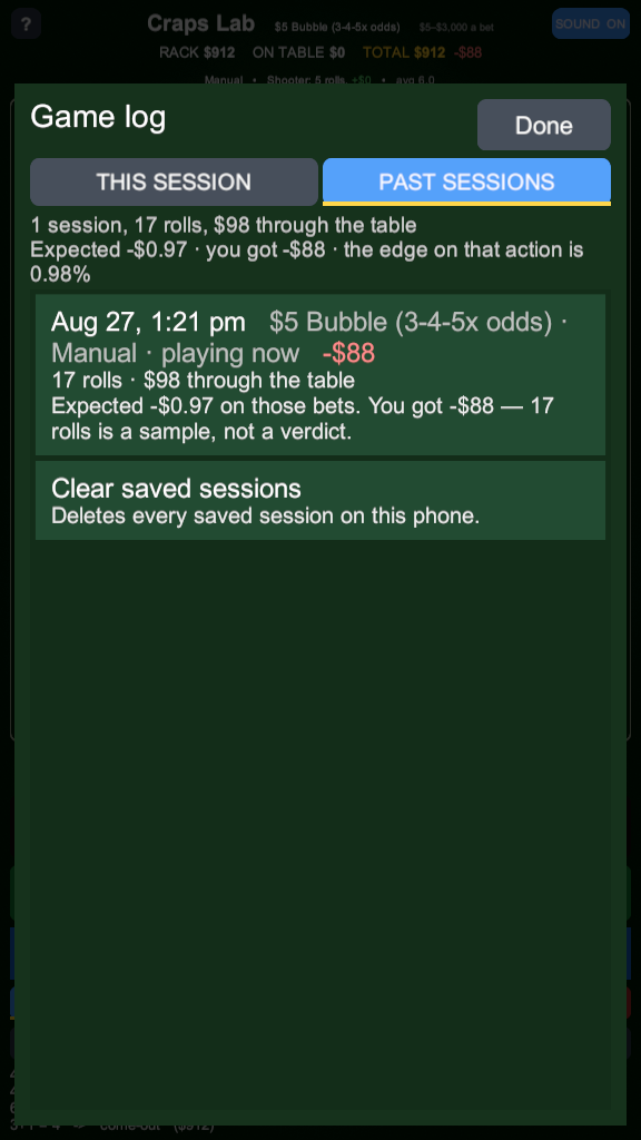 The past sessions tab showing each run with its table, strategy, rolls, action, result, and the expected result beside it.